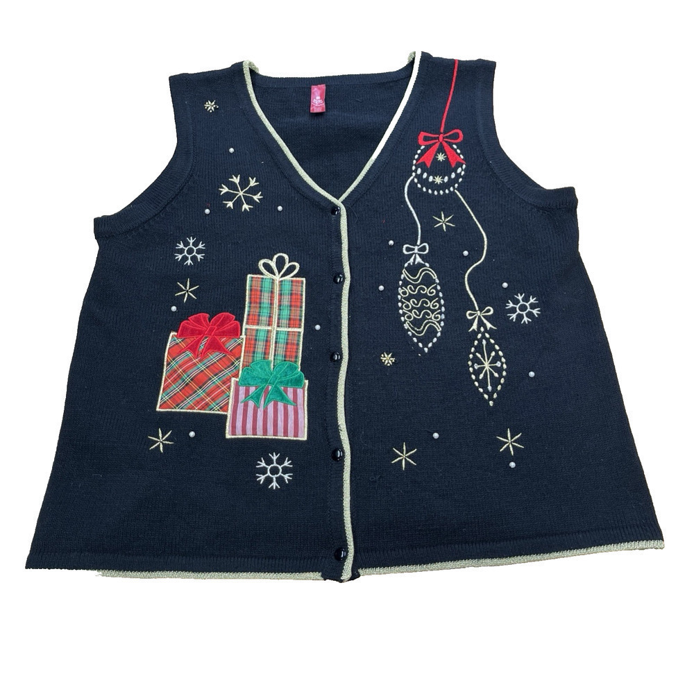 Vintage Holiday Time Christmas Sweater Vest Gifts Presents Bulbs Size XL Black